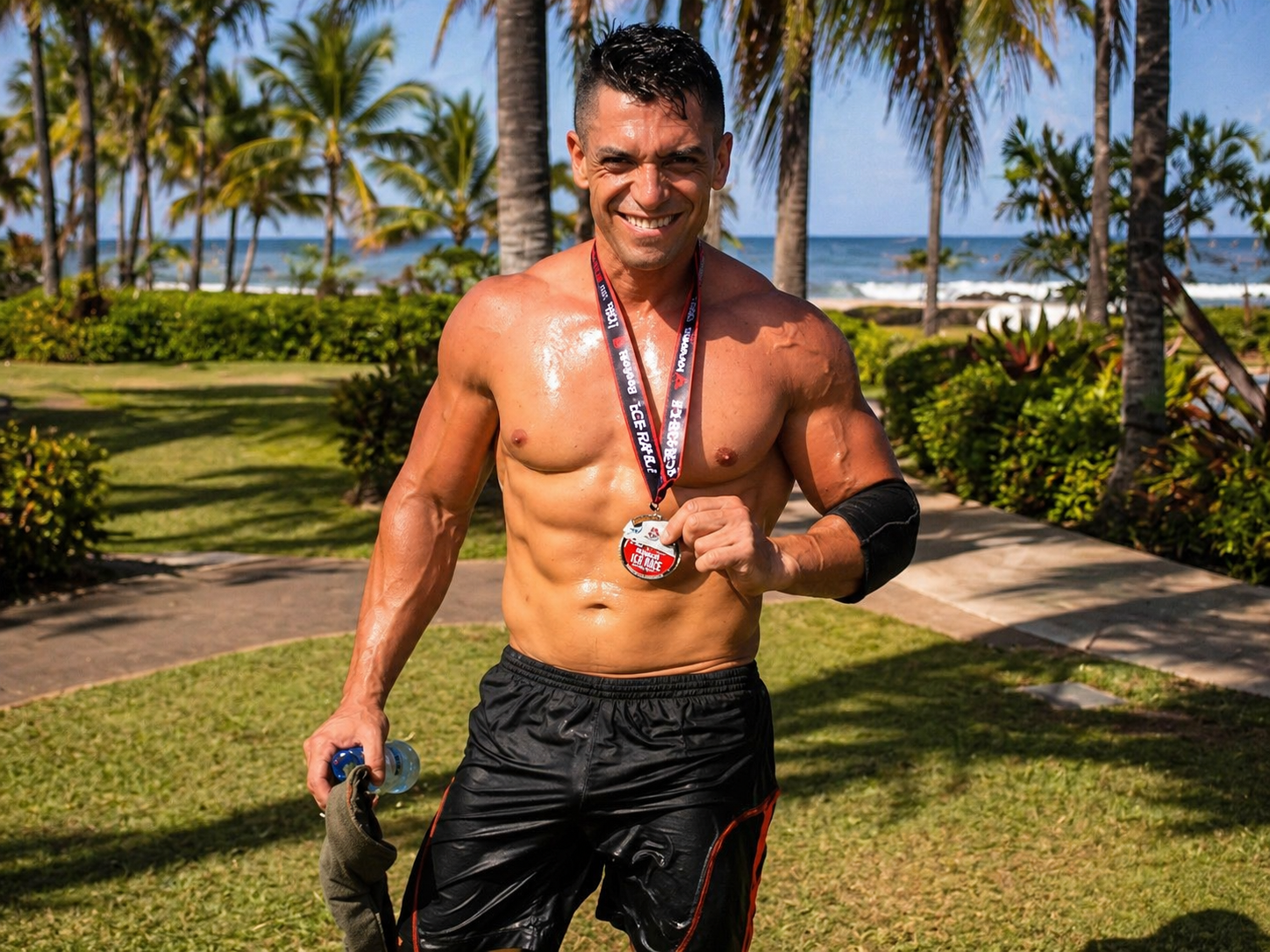 Pedro mostrando una medalla de competencia junto a la playa